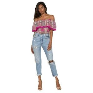 "Milos" Top By RAGA Boho Off-Shoulder Pom Pom Trim Top XS Pink Multi